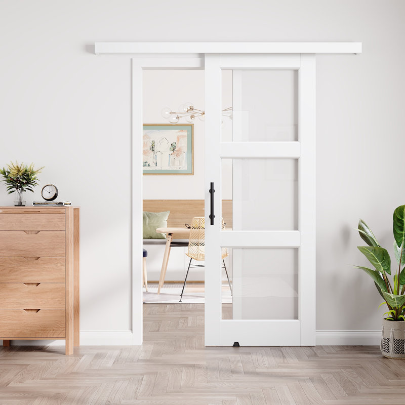 Porte coulissante de style grange avec rail dissimulé, apprêt blanc, 3 panneaux en verre transparent, pour placard ou garde-manger, avec trousse de quincaillerie (aucun assemblage requis)