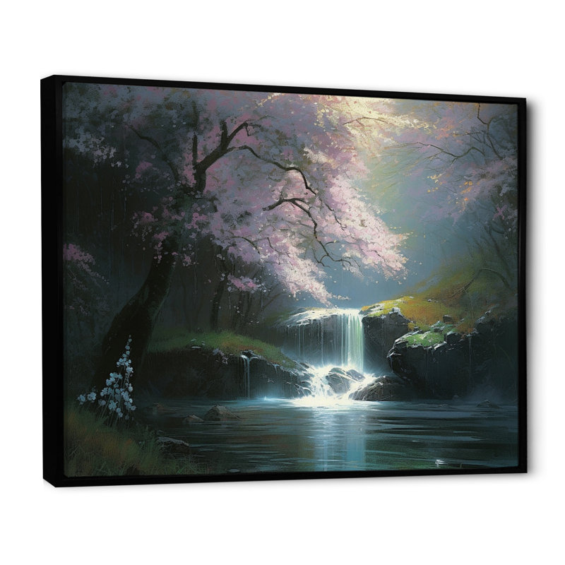 Nayma Cherry Blossom Stream I sur toile, H 12 po x l 20 po x P 1 po, Cadre flottant noir