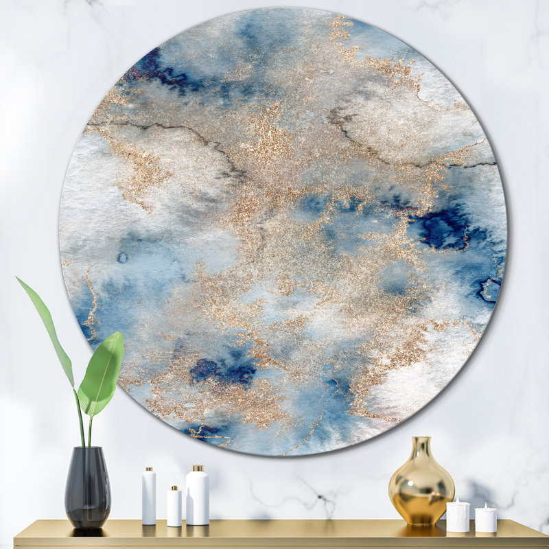 «Blue and Gold Marble Clouds I», art mural moderne en métal, H 36 po x l 36 po