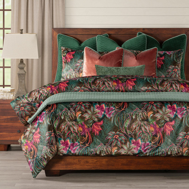 Tropical Floral Print Velvet Duvet Cover & Insert Set, King Duvet Cover + 5 Shams + 3 Pillows