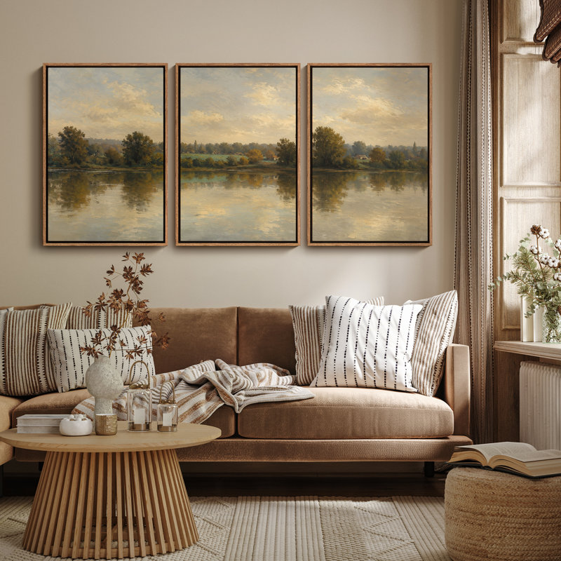 «Golden Countryside Lake Reflection Landscape Traditional Decor», 3 pièces, impression encadrée, 36" H x 24" W, Natural