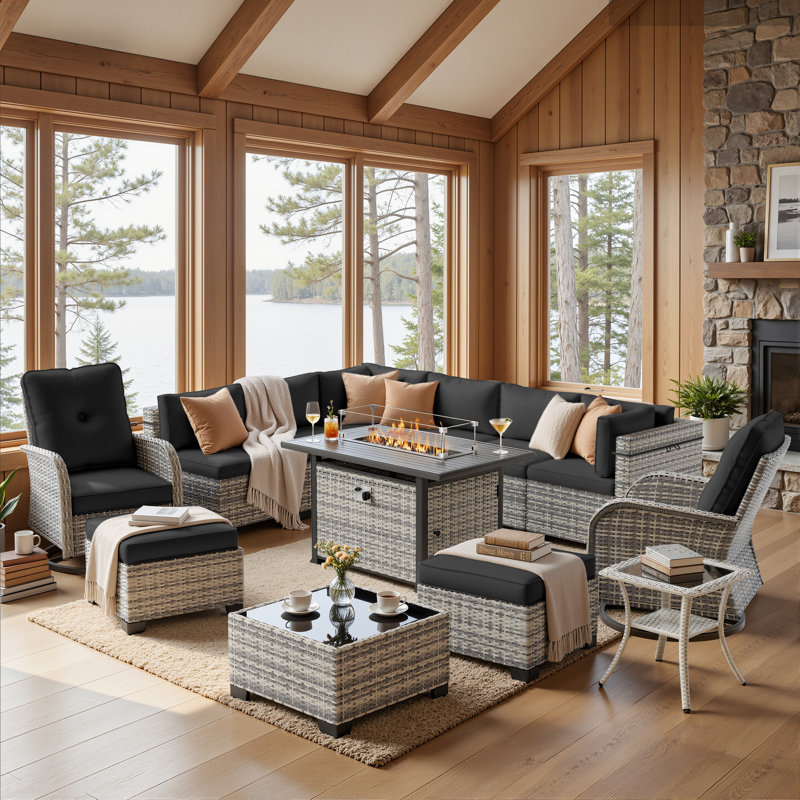 13-Piece Wicker Patio Conversation Set With Fire Pit Table, Modular Sectional, Swivel Rocker Chairs & Ottomans, Black