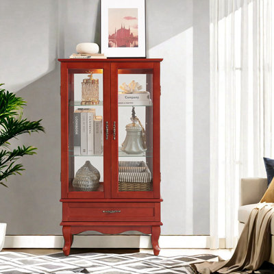 Lighted Glass Display Cabinet, Curio Display Cabinet, Glass Display Case With Adjustable Glass Shelvesand 1 Drawer For Living Room, Kitchen, Pantry, 49.4"*26"*18.81",Cherry