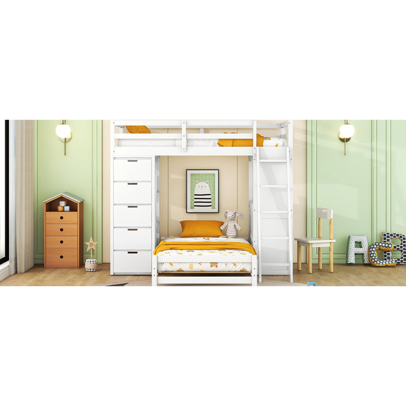 Twin Over Bunk Bed With Shelf Storage, White - Keep Your Room In Led & Practical Plywood Build, Drawers, Shelves, And Desk For Bedroom