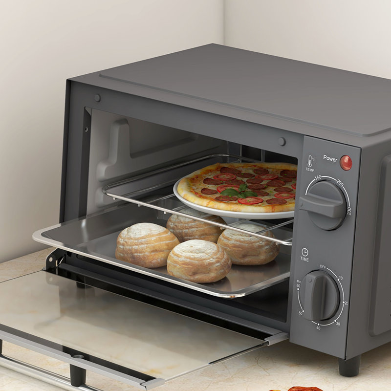 HOMCOM Mini Oven, 9L Countertop Electric Grill, Toaster Oven with Adjustable Temperature, Timer, Baking Tray and Wire Rack, 750W