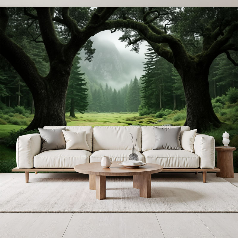 Papier peint nature, forêt, brume, grands chênes, ruisseau réfléchissant, 69 po x l 96 po, papier peint adhésif pour chambre à coucher