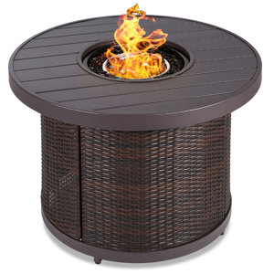 Arlmont & Co. 32In Round Gas Fire Pit Table, 50,000 BTU Outdoor Wicker Patio Propane Firepit W/ Cover - Gray (similar to stock photo)