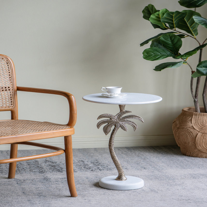Table d'appoint ronde 14 po x 14 po x 24 po - Plateau en marbre blanc, motif de palmier doré
