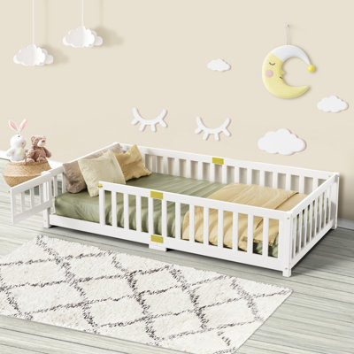 Twin/Full Size Floor Bed, Solid Wood Montessori Bed Frame With Door And Safety Guardrails