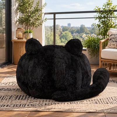 Fauteuil à billes en forme de chat l 41,7 po, canapé paresseux en fausse fourrure douce avec coussin de queue amovible