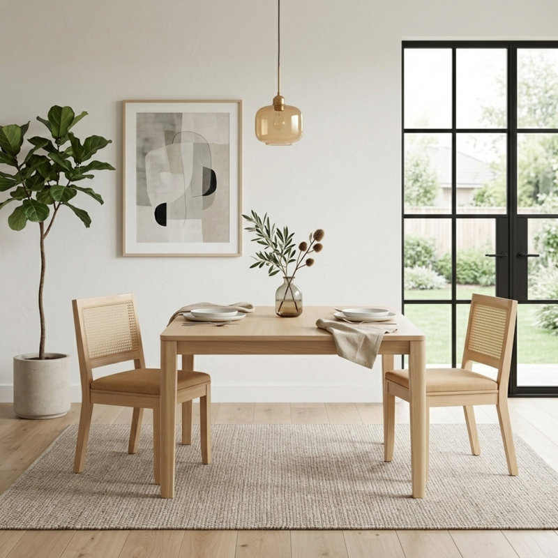 Chaises de salle à manger modernes en bois massif avec dossier en rotin, chaises d'appoint en lin brun clair (ensemble de 2) 