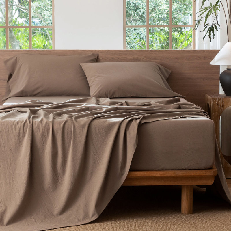 100% Washed Cotton Sheet Set Extra Deep Pocket Linen Like Textured, King Sheet Set with 2 Pillowcases, Brown