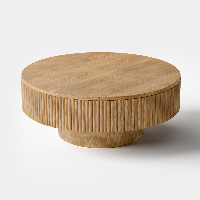 Fynlee Pedestal Round Coffee Table, Handcrafted Solid Wood Fluted Design, Natural, 13.78"H x 31"W x 31"D