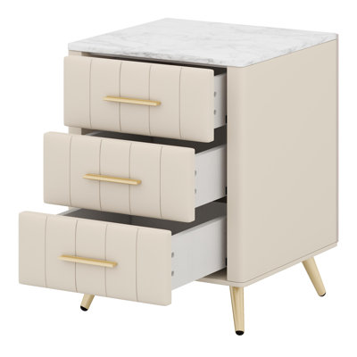 Upholstered Nightstand with Drawers, Metal Legs and Marbling Stickers Worktop