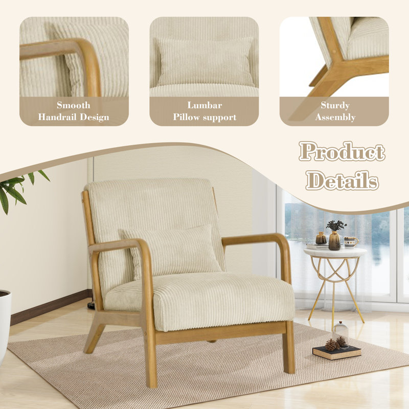 Chaise d'appoint moderne rembourrée en velours côtelé beige avec coussin et coussin, Beige, Naturel
