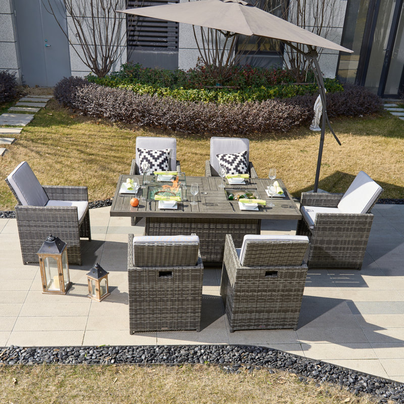 Moda 70 In. X 39 In. X 27 In. Rectangular Wicker Outdoor Gas Fire Pits Dining Setx