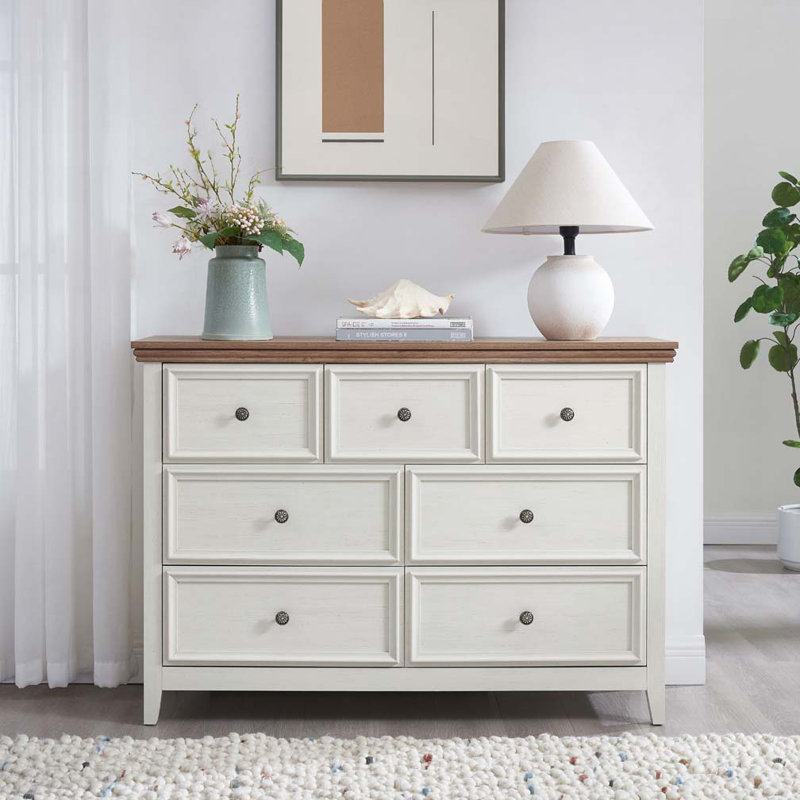 Jevonne  Dresser With 7 Drawers, Metal Handles And Wood Grain Surface, Beige/Brown