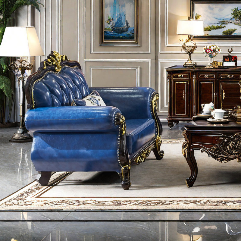 Solid Wood Carved European-style Sofa Chair Leather Armchair
