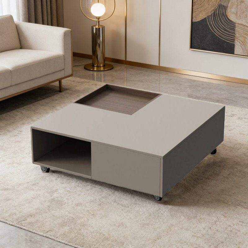 Table basse avec roulettes pour petit appartement, 13.38" H x 39.37" L x 39.37" W, Light Gray/Nut Brown, Gris clair