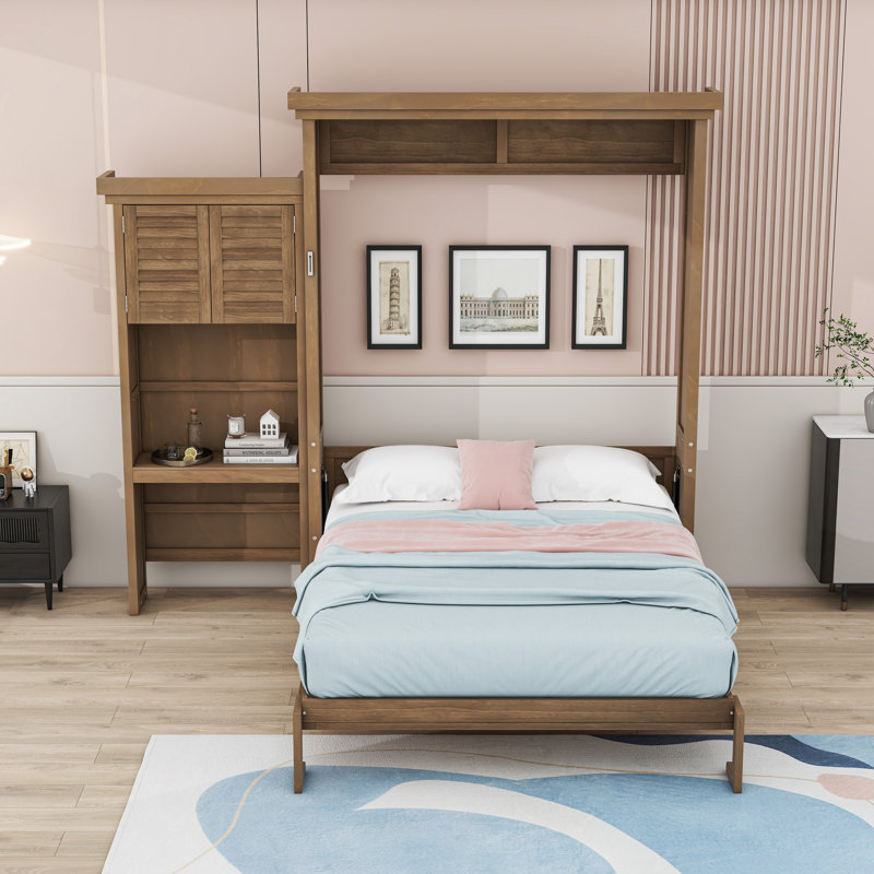 Grand lit escamotable en bois avec tablettes, conception classique à persiennes, Bois