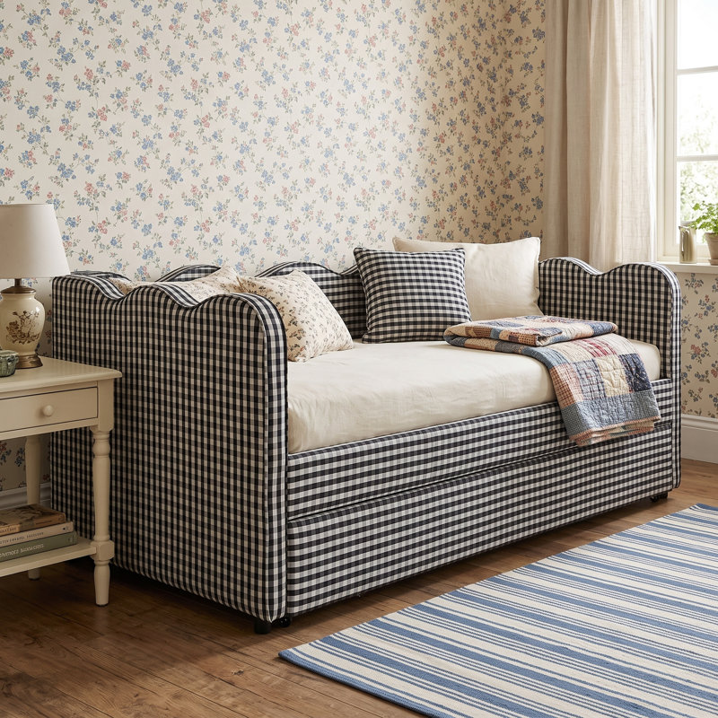 Helin Preppy Style Linen Upholstered Daybed with Trundle, USB Port & Wave-Shaped Back, Twin, Black