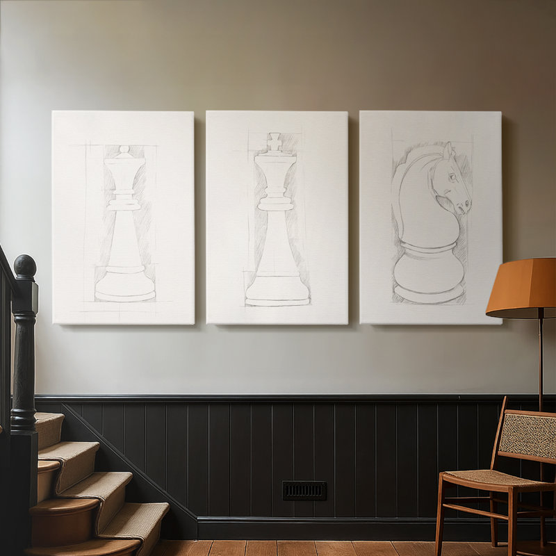 Jeu d'échecs croquis I - Toile tendue sur mesure - 3 pièces, H 12 po x l 24 po