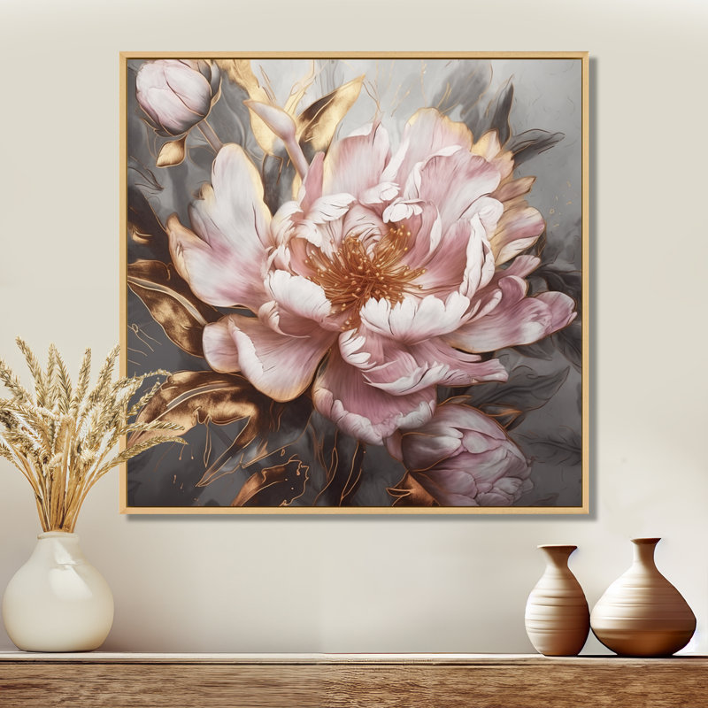 «Pink Gold Pe pivoens Petals» - reproduction d'art sur toile encadrée, H 16 po x l 16 po, Reproduction avec cadre flottant