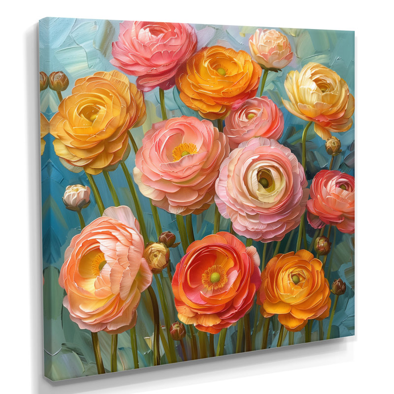 Reproduction d'art rose, rose et orange, Summer Meadow III - Renoncule, H 16 po x l 16 po x P 1 po, Toile tendue
