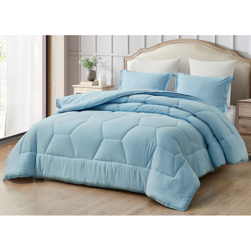 Washed Microfiber Bedding Honeycomb Comforter Set, King Comforter + 2 King Shams, Chambray Blue
