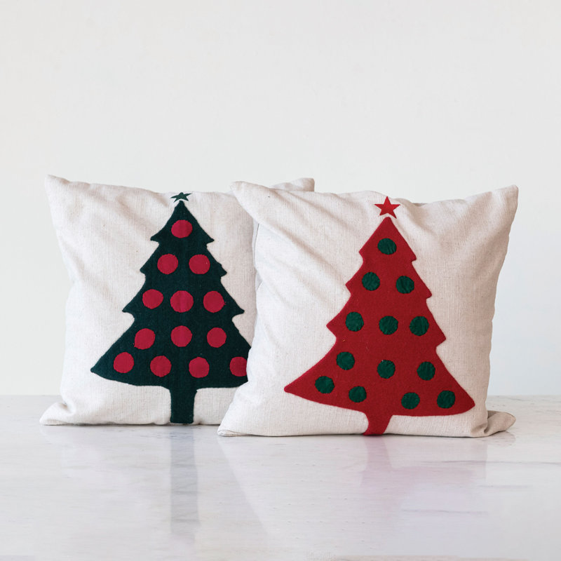 Cotton and Linen Square Christmas Tree Embroidered Pillow Set