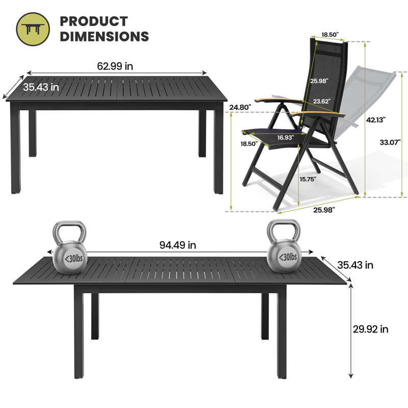 8-person 94.49'' L X 35.43'' W Patio Aluminum Dining Set with Extendable Rectangular Table and Folded Reclining Armchairs