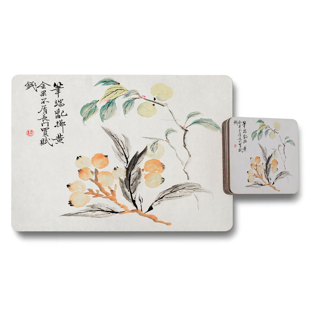 Traditional Asian Placemat And Coaster Set With Floral Brush Painting