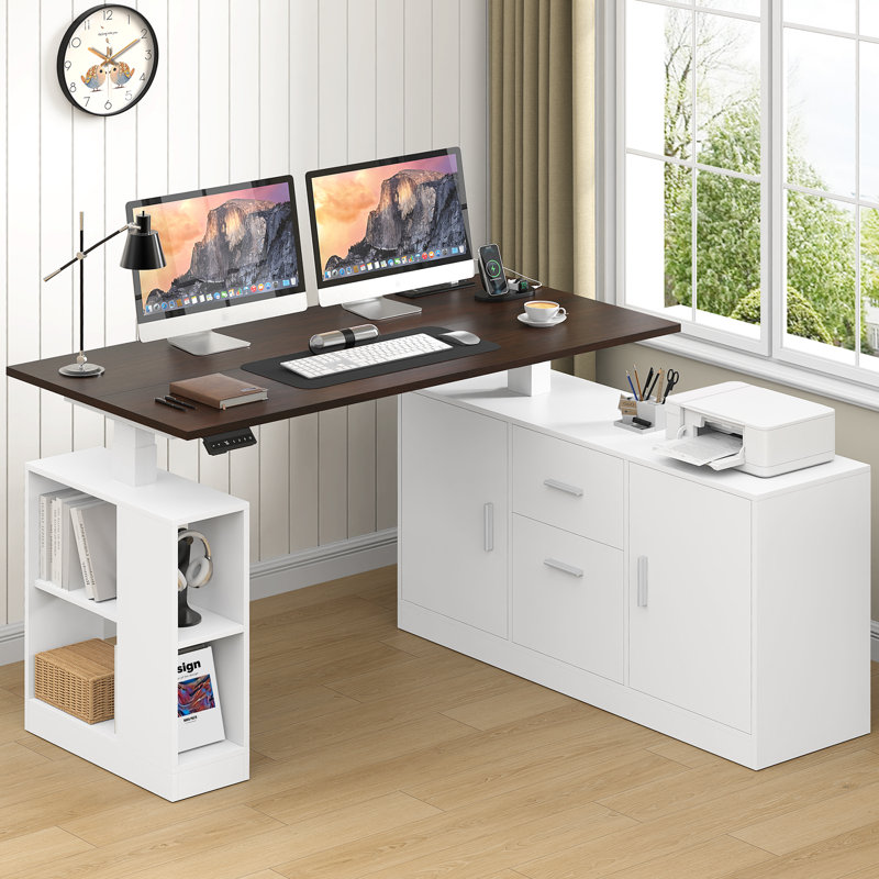 Bureau debout en L 55 po avec pupitre en L à hauteur réglable, prises de courant et tiroirs de rangement, Brun / Blanc