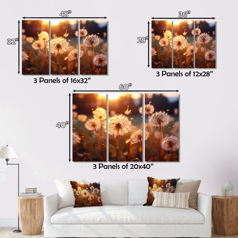 «Dandelion Whispering Wishes on Canvas», reproduction de 3 pièces, H 28 po x l 36 po x P 1 po
