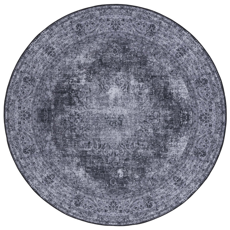 Tucson Vintage Look Machine Washable Non-Slip Area Rug in Black & Grey, Round 183 cm