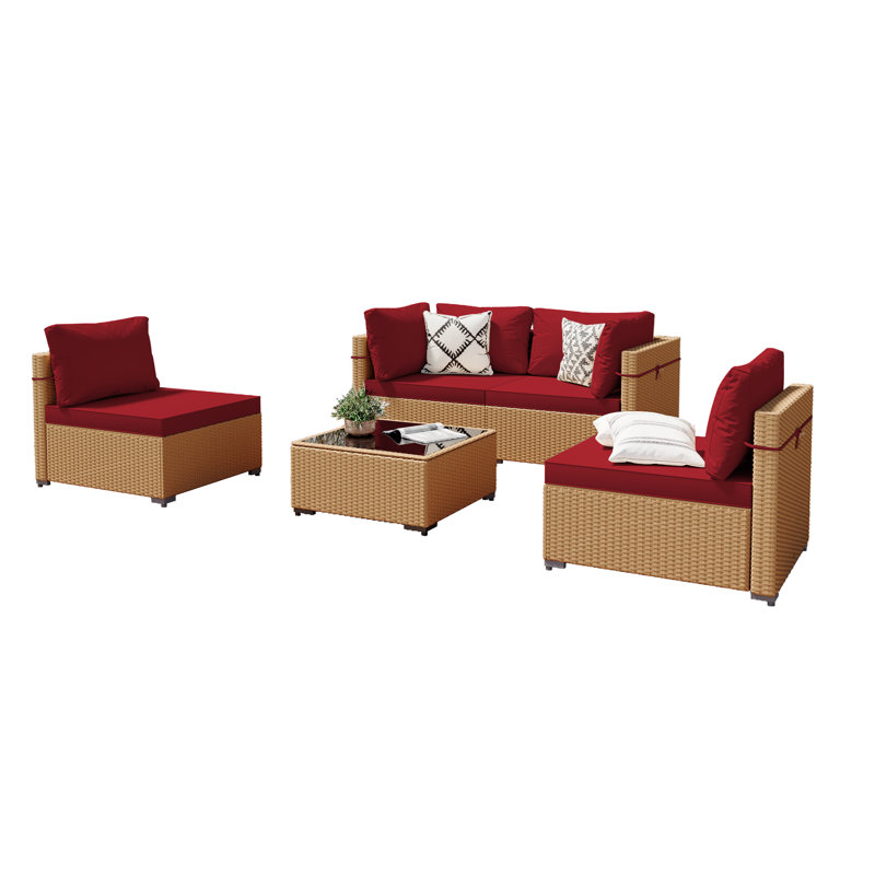 Ensemble de conversation 5 pièces en rotin beige avec décorations beiges pour l'extérieur, Rouge