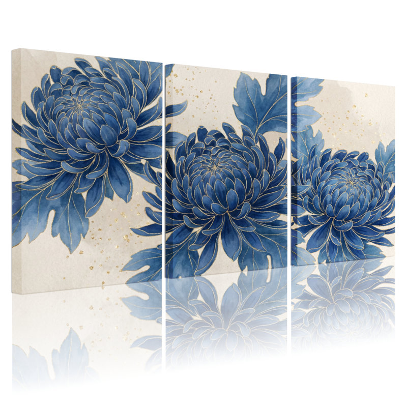 Ensemble de 3 tableaux sur toile tendue à motif floral de chrysanthèmes bleus, pour la décoration du salon et de la chambre.