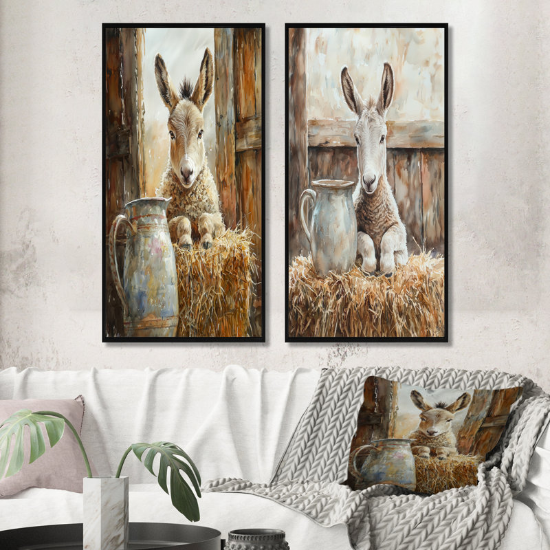 Portrait d'âne à la grange I - Collection d'art mural animaux 2 pièces, H 28 po x l 25 po, Cadre flottant noir