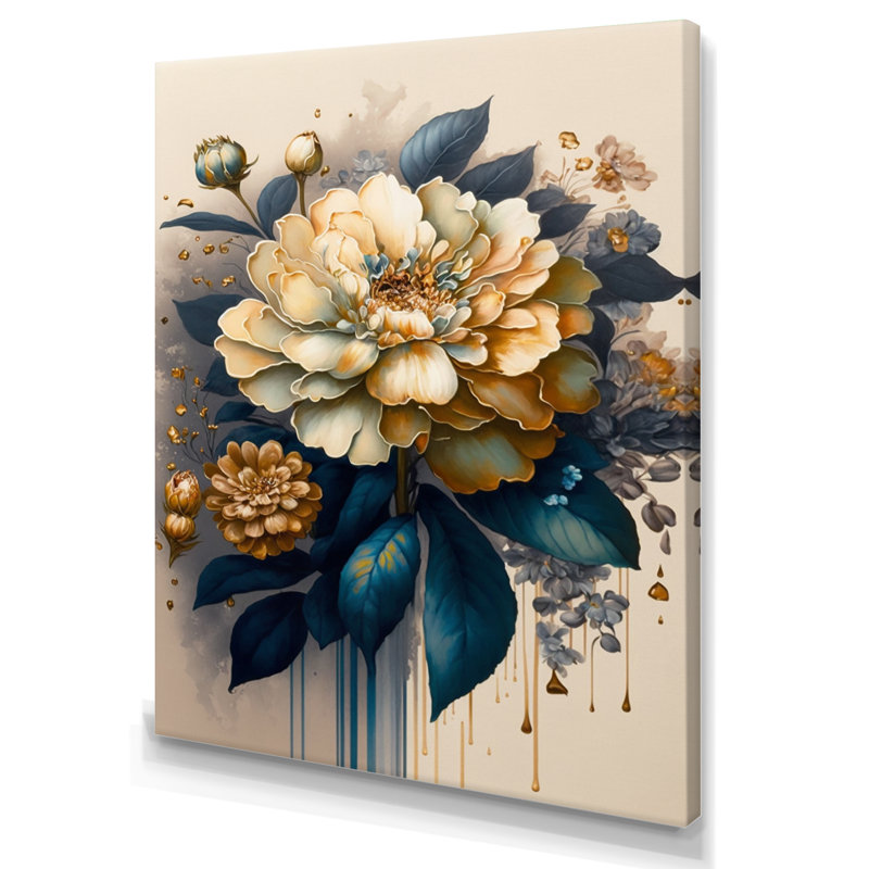 Jaune profond et fleurs de zinnia bleues II - Impression sur toile, H 32 po x l 16 po x P 1 po, Toile tendue