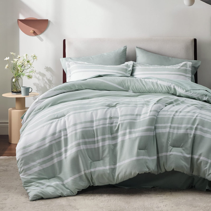 Bedsure Striped All Season Comforter Set, Queen Comforter + 6 Additional Pieces, Sage Green
