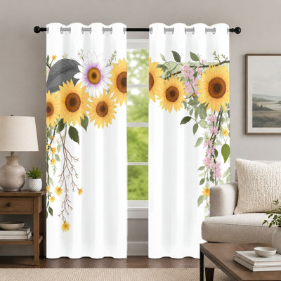 2Pcs Sunflower Printed Curtains, Pastoral Style Drapes, Fresh Floral Pattern Window Covering, Elegant Botanical Art Grommet Drapes, Window Treatment for Bedroom Living Room Decor