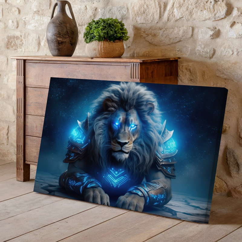 Toile, "Un lion majestueux avec des yeux bleus brillants", H 18 po x l 24 po