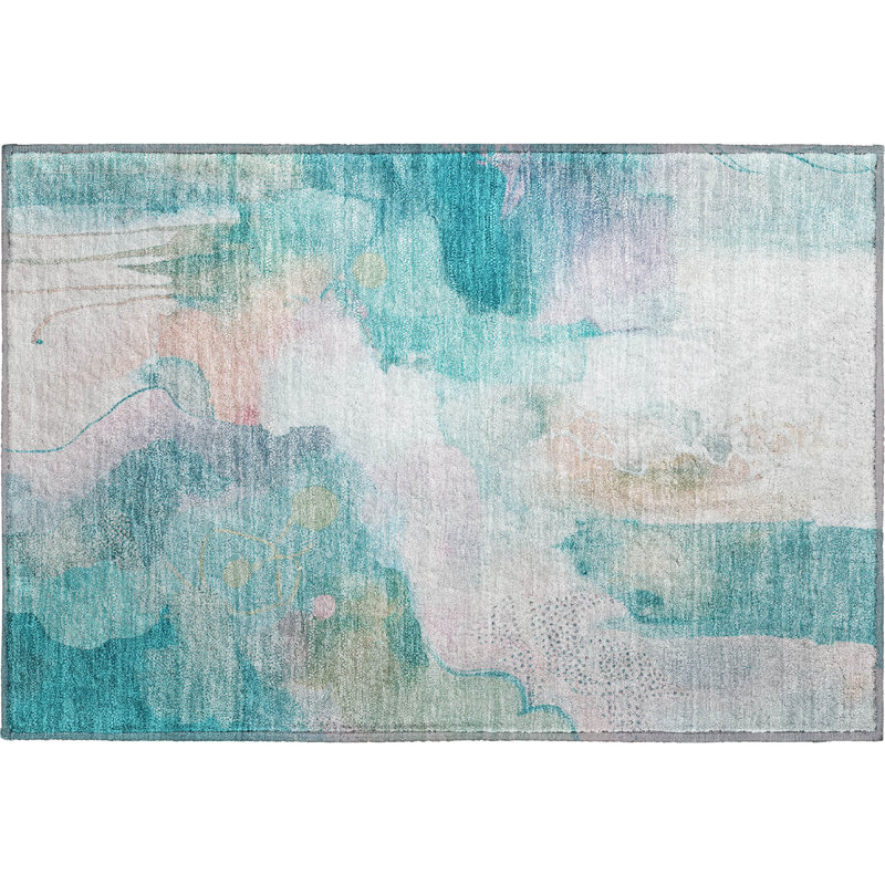 Tapis abstrait lavable à la machine de qualité supérieure Mayfield AMF2019, Turquoise, 1 pi 8 po x 2 pi 6 po