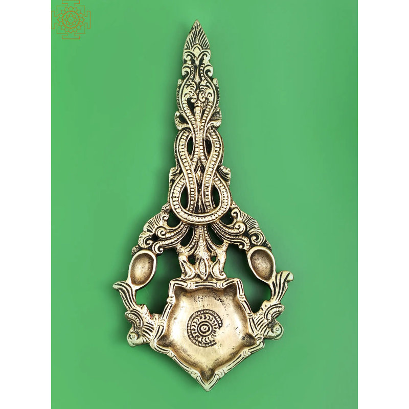 8" Handmade Brass Aarti Diya with Ornate Vine Handle - Traditional Single Wick Oil Lamp for Hindu Prayer Ceremony Temple Worship Decor