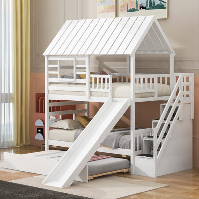 Twin Over Twin House Bunk Bed With Trundle And Slide, Storage Staircase, Roof And Window Design, White