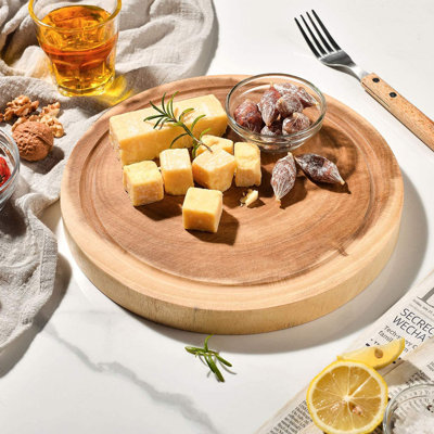 Chopping Board Wooden Cutting Boards for Kitchens Round Non-Spliced Acacia Wood with Juice Trough Double-Sided Usable Anti-Slip Cut Resistant Anti-Bacterial