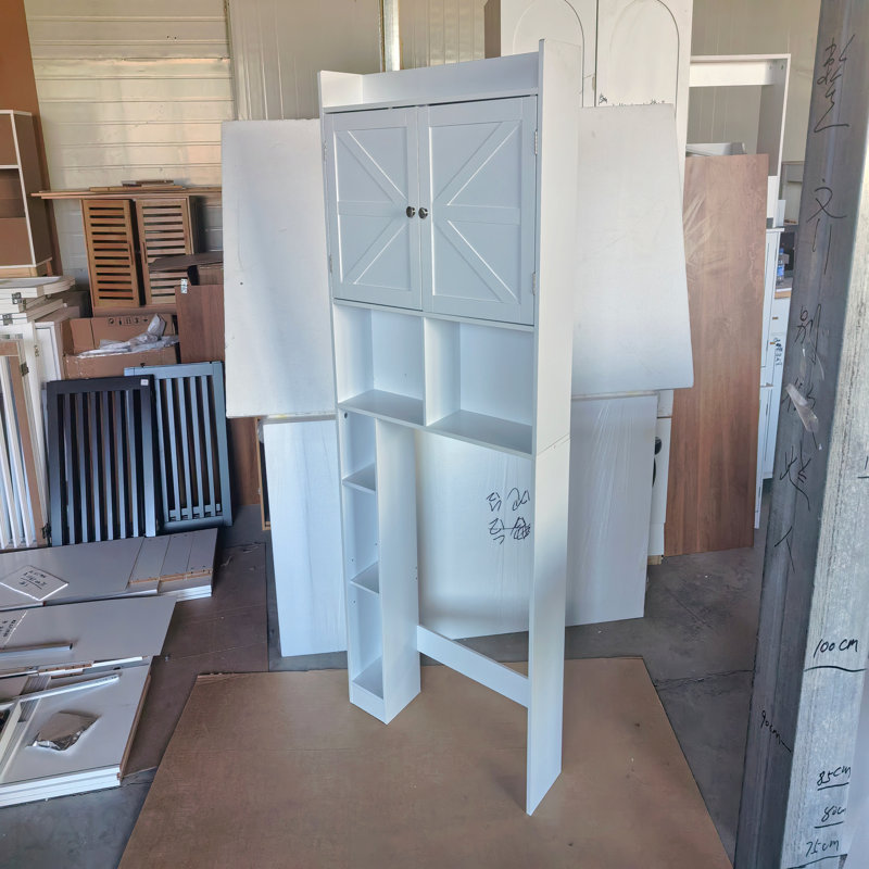 Armoire de rangement au-dessus de la toilette avec tablette réglable, économiseur d'espace de salle de bain avec portes doubles et tablettes ouvertes, support de rangement de toilette autoportant pour le rangement de la salle de bain - Blanc