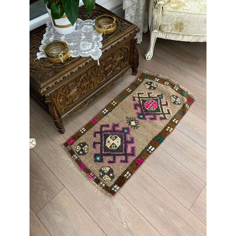 19.7x39.4 Inch Wool Rug, Rustic Brown Patchwork Rug