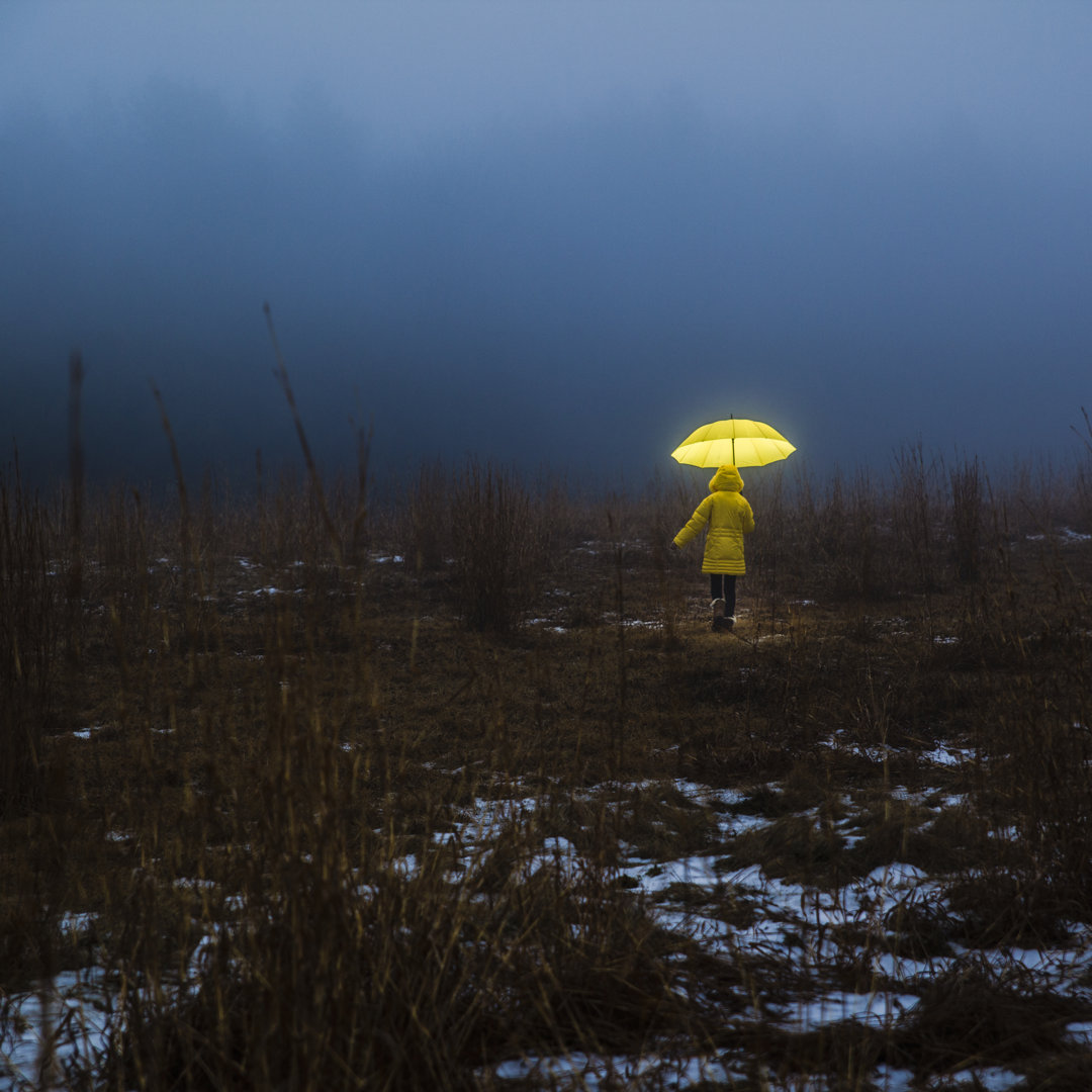 Kleines Mädchen überquert das Feld im Nebel