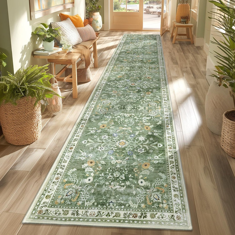 Tapis floral floral - vert - boho, antidérapant, lavable, imitation laine à poils courts, tapis vieilli pour le couloir / la cuisine / la chambre à coucher